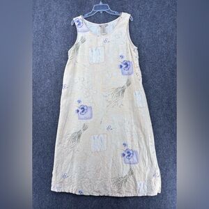 VTG Sweet Jessie Yellow Linen Shift Midi Dress Pansy Floral Women’s XL Lagenlook